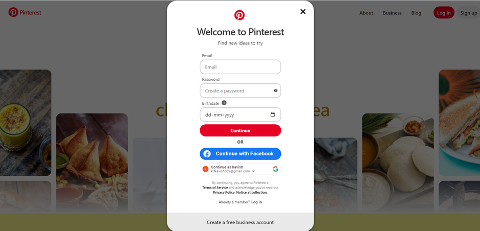 Pinterest login modal 